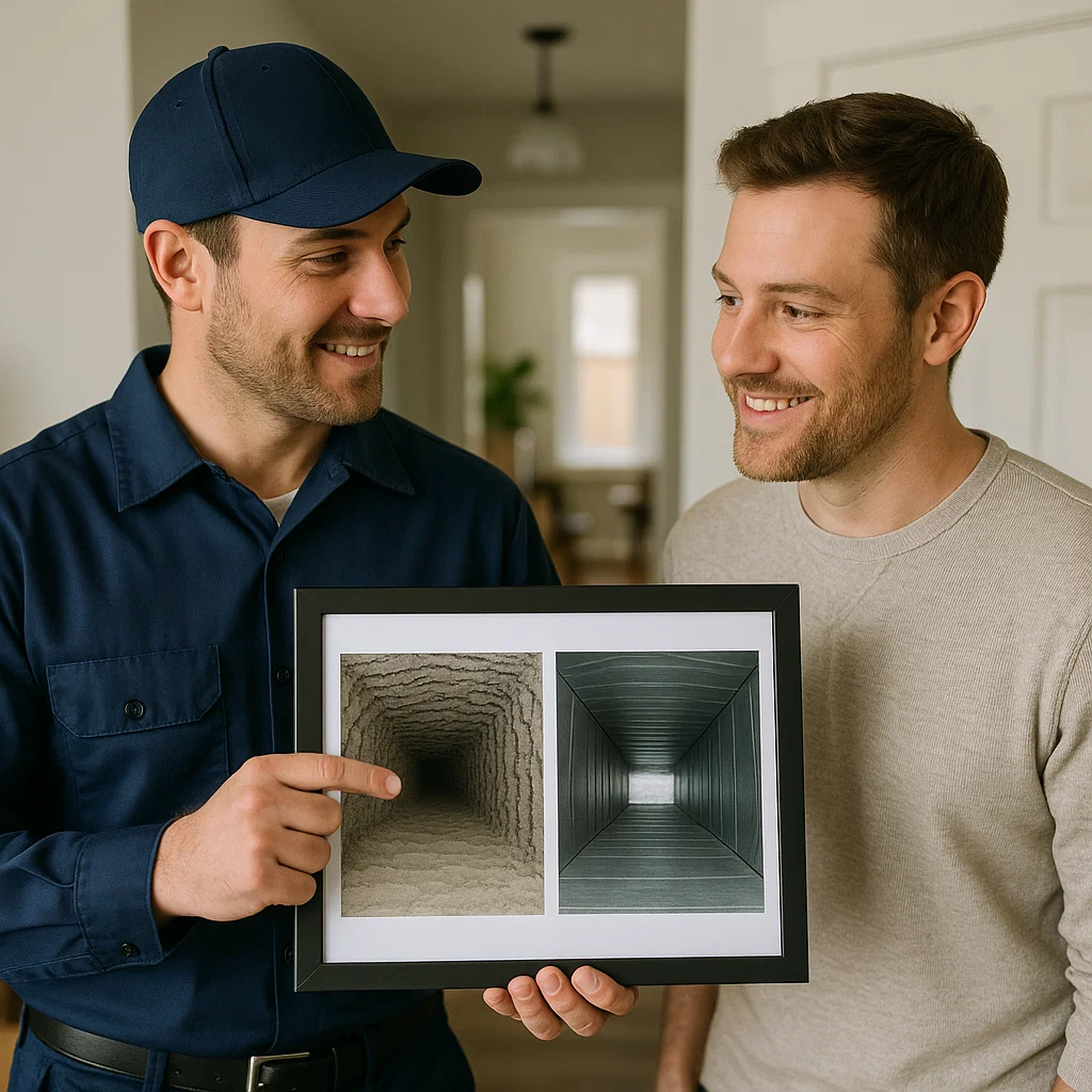 Precision air duct restoration in Magnolia TX using commercial equipment and rotary brushes for deep, verified cleaning.